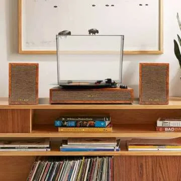 Vinyl Record Player with External Speakers, 3 Speed Bluetooth Turntable for Vinyl Records, Vintage Belt Drive Record Player with Stereo Speakers and Auto Stop, RCA Audio Out and Aux-in,Light Wood