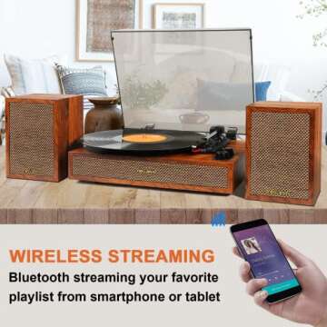 Vinyl Record Player with External Speakers, 3 Speed Bluetooth Turntable for Vinyl Records, Vintage Belt Drive Record Player with Stereo Speakers and Auto Stop, RCA Audio Out and Aux-in,Light Wood