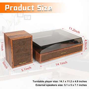 Vinyl Record Player with External Speakers, 3 Speed Bluetooth Turntable for Vinyl Records, Vintage Belt Drive Record Player with Stereo Speakers and Auto Stop, RCA Audio Out and Aux-in,Light Wood