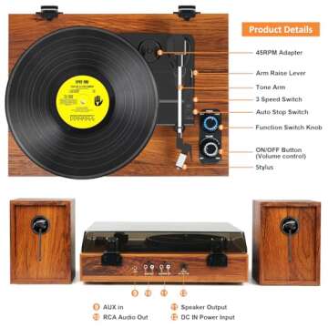 Vinyl Record Player with External Speakers, 3 Speed Bluetooth Turntable for Vinyl Records, Vintage Belt Drive Record Player with Stereo Speakers and Auto Stop, RCA Audio Out and Aux-in,Light Wood