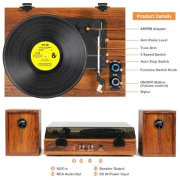 Vinyl Record Player with External Speakers, 3 Speed Bluetooth Turntable for Vinyl Records, Vintage Belt Drive Record Player with Stereo Speakers and Auto Stop, RCA Audio Out and Aux-in,Light Wood