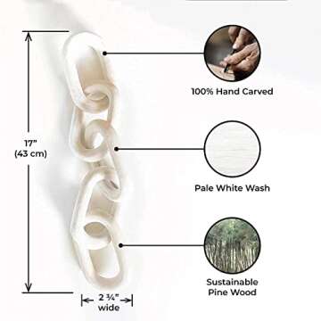 UPMODERN Wood Chain Link Decor- Hand Carved Decorative Wood Chain, 5 Link Chain Decor, White Washed, Sustainable Pine Wood…