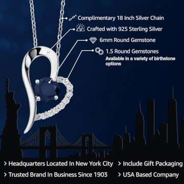 Gem Stone King 925 Sterling Silver 6MM Round Gemstone Birthstone Heart Shape Pendant Necklace | Hear...