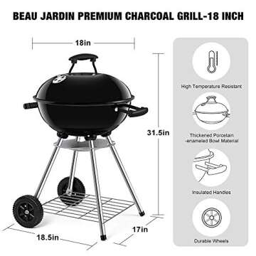 BEAU JARDIN Premium 18 Inch Charcoal Grill for Outdoor Cooking Barbecue Camping BBQ Coal Kettle Gril...