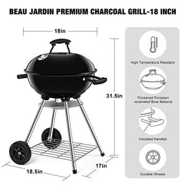 BEAU JARDIN Premium 18 Inch Charcoal Grill for Outdoor Cooking Barbecue Camping BBQ Coal Kettle Gril...