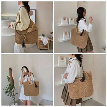 OWGSEE Straw Beach Bag, Summer Woven Tote Bag with Tassels Large Shoulder Handbag Straw Purses and H...