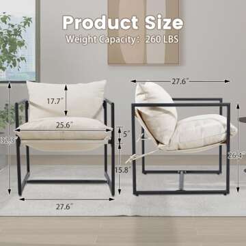 Kromax Modern Accent Chair with Armrest, Cozy Living Room Chairs, Square Metal Frame, Upholstered Soft Cushion, Sponge, 27.6 x 27.6 x 32.3, Easy Assembly, Beige