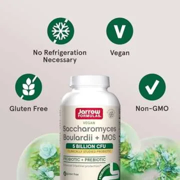 Jarrow Formulas Saccharomyces Boulardii Probiotics + MOS 5 Billion CFU Probiotic Yeast for Intestinal Health Support, Gut Health Supplements for Women and Men, 90 Veggie Capsules, 90 Day Supply