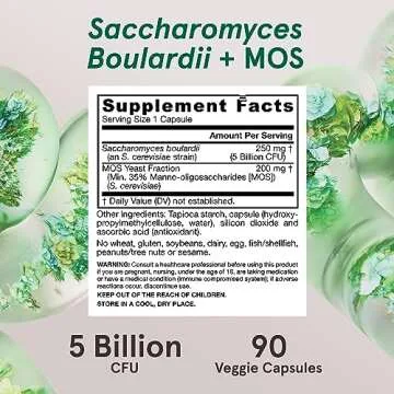 Jarrow Formulas Saccharomyces Boulardii Probiotics + MOS 5 Billion CFU Probiotic Yeast for Intestinal Health Support, Gut Health Supplements for Women and Men, 90 Veggie Capsules, 90 Day Supply