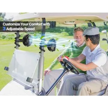 GRANDFAST Rechargeable Golf Cart Fan Compatible with EZGO Club Car Yamaha Clip on Fan with Flexible Tripod, 360° Rotatable, 20Hrs Work, 3 Speed Battery Operated Fan for Golf Cart Push Cart