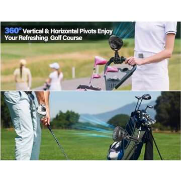 GRANDFAST Rechargeable Golf Cart Fan Compatible with EZGO Club Car Yamaha Clip on Fan with Flexible Tripod, 360° Rotatable, 20Hrs Work, 3 Speed Battery Operated Fan for Golf Cart Push Cart