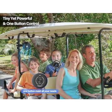 GRANDFAST Rechargeable Golf Cart Fan Compatible with EZGO Club Car Yamaha Clip on Fan with Flexible Tripod, 360° Rotatable, 20Hrs Work, 3 Speed Battery Operated Fan for Golf Cart Push Cart