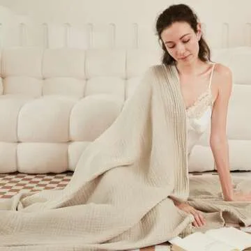 EMME Cotton Blanket Queen Size for Bed Soft Large Muslin Bed Blankets 90"x90" Lightweight Breathable Blanket All Season Gauze Blanket, Light Tan