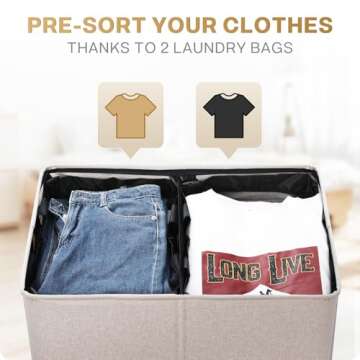 SOLEDI Large Double Laundry Hamper with Lid, Collapsible Clothes Hamper 2 section with Removable Bags, Space-Saving Laundry Basket for Bedroom, Dorm, College