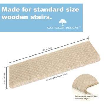 Oak Valley Designs™ Rounded Bullnose Carpet Stair Treads - Anti Slip Indoor Stair Mats for Wooden Stairs, Style: Bayside Charm, Crystal Canyon 27" W X 9.75" D (Set of 14)