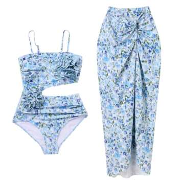 IDOPIP Women's One Piece Swimsuit with Cover up Beach Skirt Floral Print Swimsuit Bathing Suit Ruffle Monokini Swimwear Sarong Coverups Two Piece Bikini Set Beachwear Blue Floral - Cutout 2PCS M
