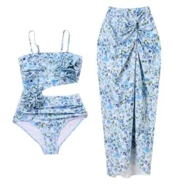 IDOPIP Women's One Piece Swimsuit with Cover up Beach Skirt Floral Print Swimsuit Bathing Suit Ruffle Monokini Swimwear Sarong Coverups Two Piece Bikini Set Beachwear Blue Floral - Cutout 2PCS M