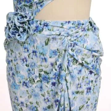 IDOPIP Women's One Piece Swimsuit with Cover up Beach Skirt Floral Print Swimsuit Bathing Suit Ruffle Monokini Swimwear Sarong Coverups Two Piece Bikini Set Beachwear Blue Floral - Cutout 2PCS M
