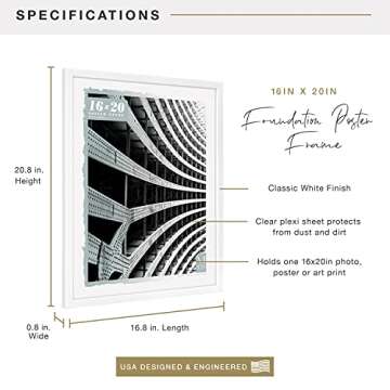 MCS Foundation 16x20 Poster Frame Traditional White, Vertical & Horizontal Wall Hanging Large Picture Frame for Photos, Posters & Art Prints (1-Pack)