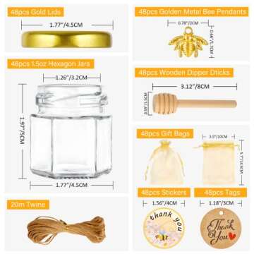 GIVAMEIHF Mini Honey jars-1.5oz,48 pcs Hexagon honey jars with dipper,gold cover,bee pendant,Gold Gi...