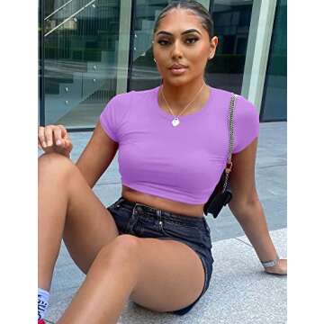 Kaximil Women's Short Sleeve Crop Tops Cute Casual Basic Crew Neck Tight T Shirts, Large, Purple