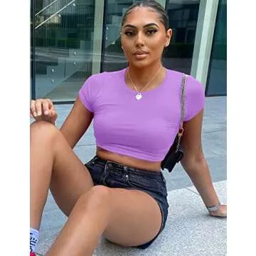 Kaximil Women's Short Sleeve Crop Tops Cute Casual Basic Crew Neck Tight T Shirts, Large, Purple