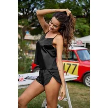 Ekouaer Petite Satin Pajamas Set for Women Silky Backless Lingerie Black Pjs Cami Top and Shorts Nightwear X-Small
