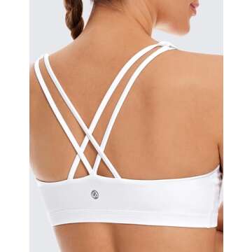 CRZ YOGA Women's Light Support Strappy Sports Bra - Low Cut Wirefree Padded Yoga Cami Criss Cross Back White X-Small