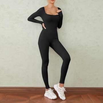 Argeousgor Women Square Neck Yoga Jumpsuits Workout Ribbed Long Sleeve Sport Jumpsuits High Waist Bodycon Jumpsuit Rompers(B1- black,S)