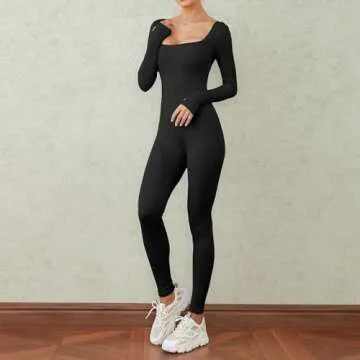 Argeousgor Women Square Neck Yoga Jumpsuits Workout Ribbed Long Sleeve Sport Jumpsuits High Waist Bodycon Jumpsuit Rompers(B1- black,S)