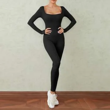 Argeousgor Women Square Neck Yoga Jumpsuits Workout Ribbed Long Sleeve Sport Jumpsuits High Waist Bodycon Jumpsuit Rompers(B1- black,S)
