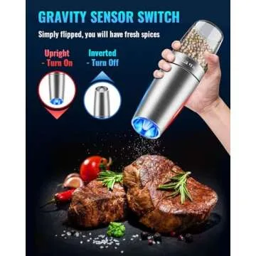 Sweet Alice Gravity Electric Pepper/Salt Grinder, Salt and Pepper Mill & Adjustable Coarseness, Battery Powered with LED Light, One Hand Automatic Operation, Stainless Steel (Single/Silver)