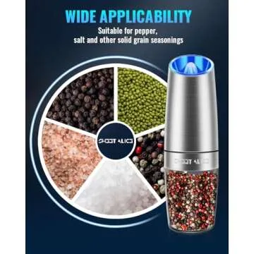 Sweet Alice Gravity Electric Pepper/Salt Grinder, Salt and Pepper Mill & Adjustable Coarseness, Battery Powered with LED Light, One Hand Automatic Operation, Stainless Steel (Single/Silver)