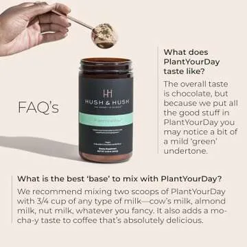 Hush & Hush PlantYourDay, Vegan Super Greens with Pea Protein Powder Contains Broccoli, Fiber, Magnesium, Folic Acid, Cinnamon, Psyllium Husk Powder, Prebiotics and Probiotics, Gluten Free - 14.18 oz