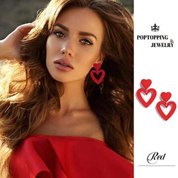 PopTopping Red Heart Earrings Dangling Heart Drop Earrings For Women Love Heart Dangle Earrings (Red)