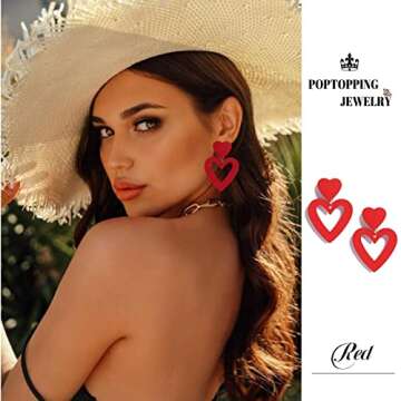 PopTopping Red Heart Earrings Dangling Heart Drop Earrings For Women Love Heart Dangle Earrings (Red)