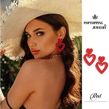 PopTopping Red Heart Earrings Dangling Heart Drop Earrings For Women Love Heart Dangle Earrings (Red)