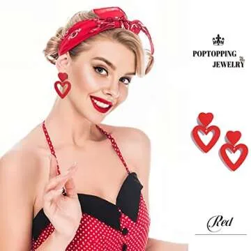 PopTopping Red Heart Earrings Dangling Heart Drop Earrings For Women Love Heart Dangle Earrings (Red)