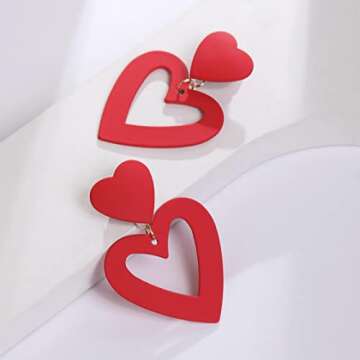 PopTopping Red Heart Earrings Dangling Heart Drop Earrings For Women Love Heart Dangle Earrings (Red)