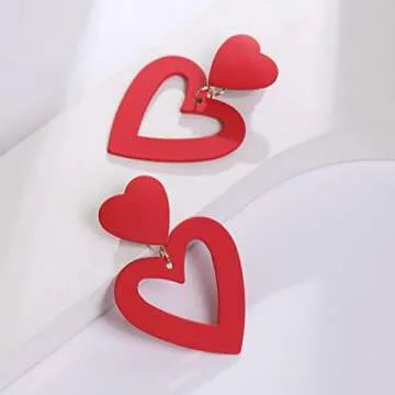 PopTopping Red Heart Earrings Dangling Heart Drop Earrings For Women Love Heart Dangle Earrings (Red)
