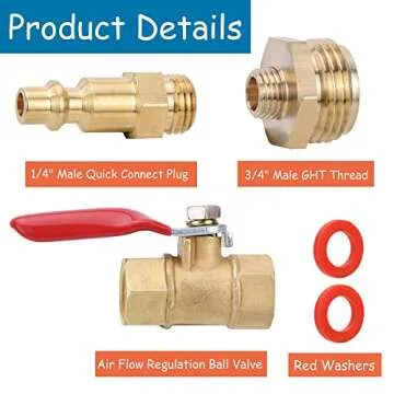 RV Winterize Blowout Adapter Kit - 1/4" Male Quick Connect Plug and 3/4" Male GHT Thread, Wintering Quick Fitting with Ball Valve and 2 Pcs Washers for Winterize RV Boat Camper Trailer