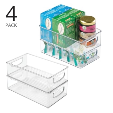 mDesign Kitchen Cabinet and Pantry Storage Organizer Bins - Pack of 4, Shallow, Clear