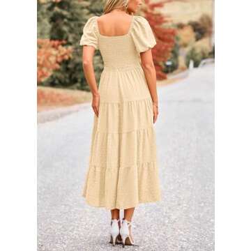 PRETTYGARDEN Women's Swiss Dot Boho Midi Dress Puff Sleeve Tiered Ruffle A Line Swing Dresses (Beige,Medium)