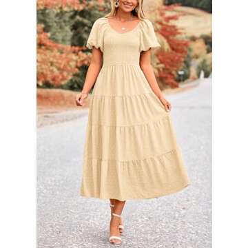 PRETTYGARDEN Women's Swiss Dot Boho Midi Dress Puff Sleeve Tiered Ruffle A Line Swing Dresses (Beige,Medium)