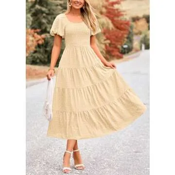 PRETTYGARDEN Women's Swiss Dot Boho Midi Dress Puff Sleeve Tiered Ruffle A Line Swing Dresses (Beige,Medium)