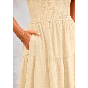 PRETTYGARDEN Women's Swiss Dot Boho Midi Dress Puff Sleeve Tiered Ruffle A Line Swing Dresses (Beige,Medium)