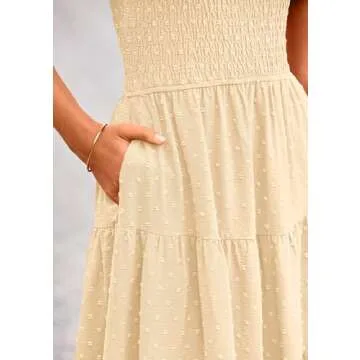 PRETTYGARDEN Women's Swiss Dot Boho Midi Dress Puff Sleeve Tiered Ruffle A Line Swing Dresses (Beige,Medium)