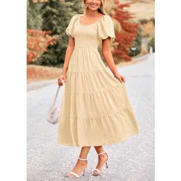 PRETTYGARDEN Women's Swiss Dot Boho Midi Dress Puff Sleeve Tiered Ruffle A Line Swing Dresses (Beige,Medium)