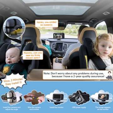 Baby Car Camera for Backseat 1080P - HD Crystal Night Vision, Easy to Install, 360° Rotation, Protect Baby's Eye, Dual Power (USB & Cigaretter) - Rear Facing Car Seat Camera for Newborn, Infant, Kids