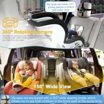 Baby Car Camera for Backseat 1080P - HD Crystal Night Vision, Easy to Install, 360° Rotation, Protect Baby's Eye, Dual Power (USB & Cigaretter) - Rear Facing Car Seat Camera for Newborn, Infant, Kids